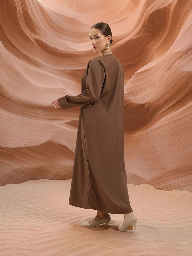 آي شين عباية قطنية مكسرة عادية مع حجاب - بني - Image 5